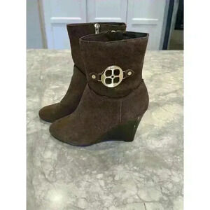 Iman Women's Ankle Boot Brown Suede Wedges Gold Logo Size 8W